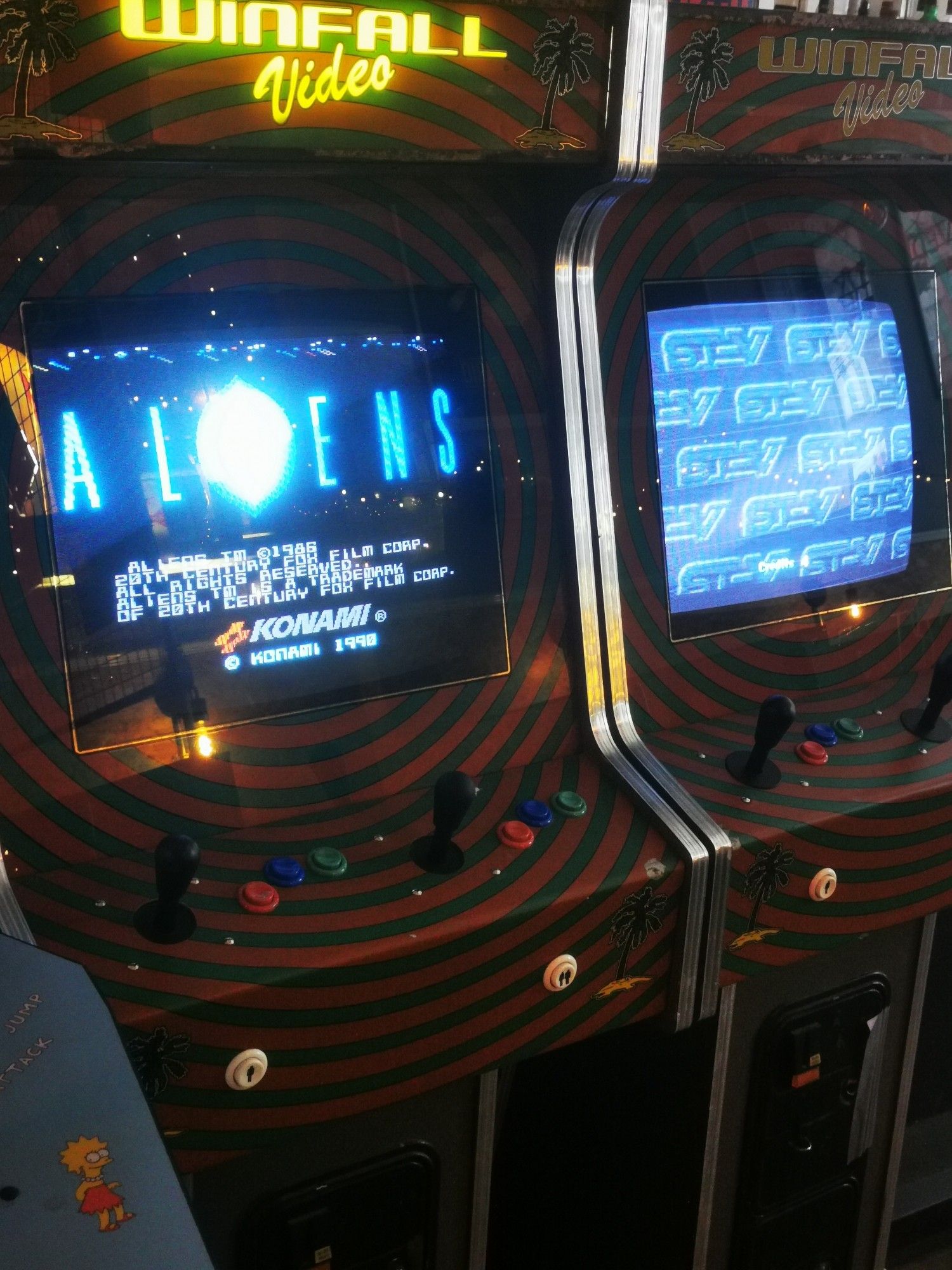 2 shiny Windfall Video arcade cabinets - one with Aliens and another with a game I didn't try, oops!