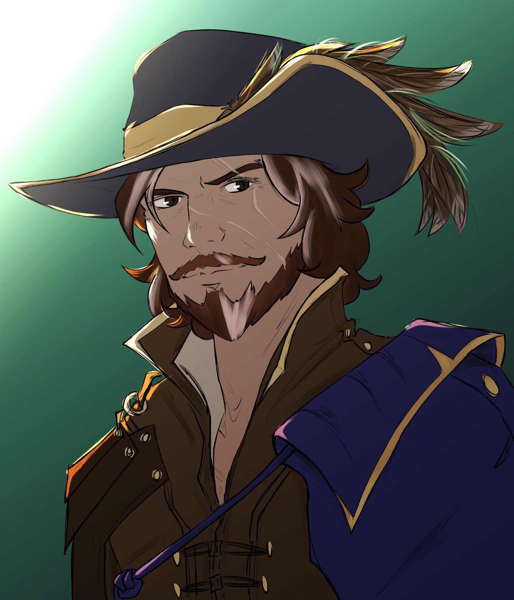 A portrait of a character from Honor and Intrigue. He is a human looking man with brown eyes and a neatly trimmed mustache and beard, with two scars on his face. He wears a high collared leather jacket and a royal blue collared cloak tied over one shoulder. A large-brimmed feathered hat sits over his shoulder length hair, which is a dark red and streaked with gray. He smirks skeptically on a simple green background, the edges of his hair and clothing lit from behind.