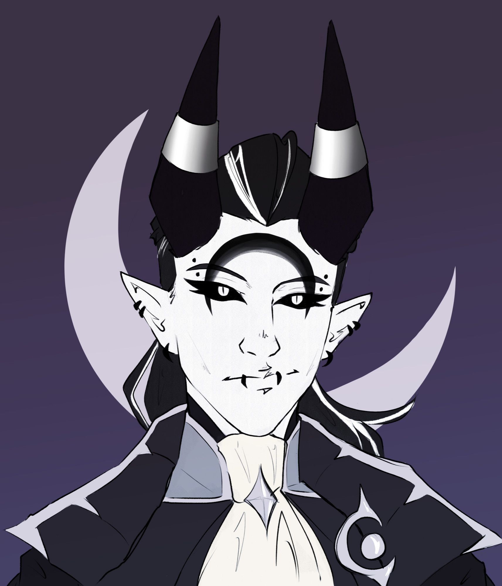 A portrait of a humanoid character with pointed ears and angular features. The character's skin is marble white contrasted starkly with long black hair and equally dark horns. A black crescent moon is tattooed over its forehead, the ends curving over its eyes. It wears many black piercings in its face and ears, and smirks at the viewer knowingly.