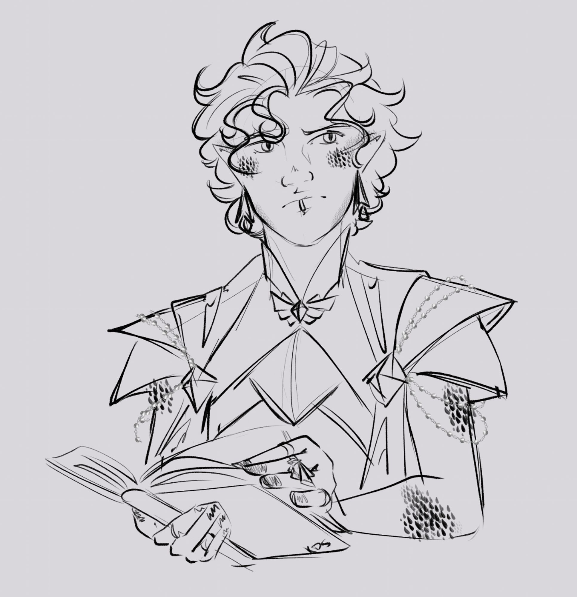 An uncolored sketch of a character seen from the waist up. They have wild, wavy hair, slit pupils, and scales on their face and arms. They are dressed in expensive looking clothing and jewelry, and are holding an open book in front of them as they look to the side skeptically.