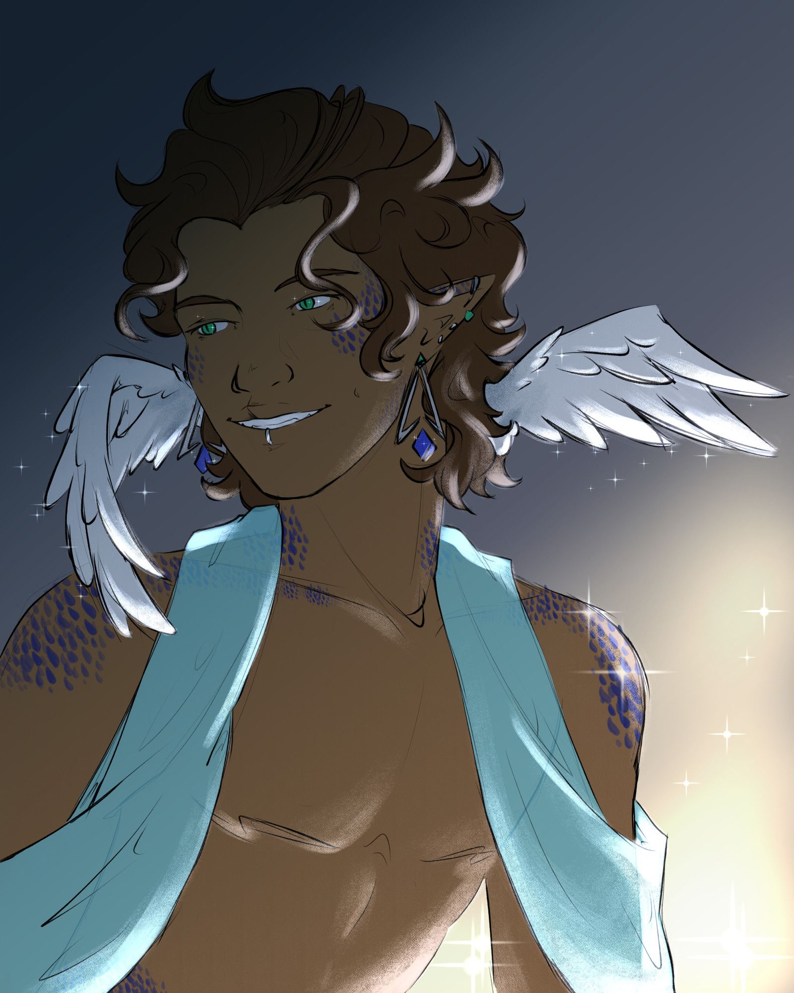 A portrait illustration of an original character. They are a brown skinned humanoid with windswept hair and blue scales on their face, neck, and shoulders. A pair of silver wings frame their head. They are brightly lit from below and framed by scattered sparkle effects.