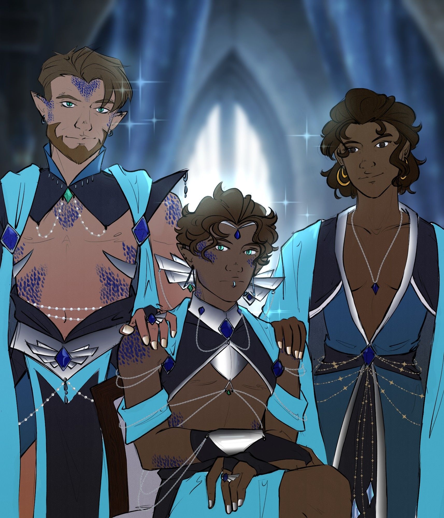 An illustration of three characters, as a family portrait. The father has short, neat light brown hair, a short beard, and green eyes. His torso and arms are mostly bare, and much of his skin is adorned with royal blue scales. The mother has medium brown skin with dark brown hair and eyes and soft features. Seated between them is their adult child. Their features resemble their mother's, with similarly colored skin and hair, but their eyes are the same green as their father's, and they have similar blue scales on their face, arms, and torso. All three of them are dressed finely in various shades of blue and silver, and each of them wears some variation of a crest with a blue gem and silver wings.