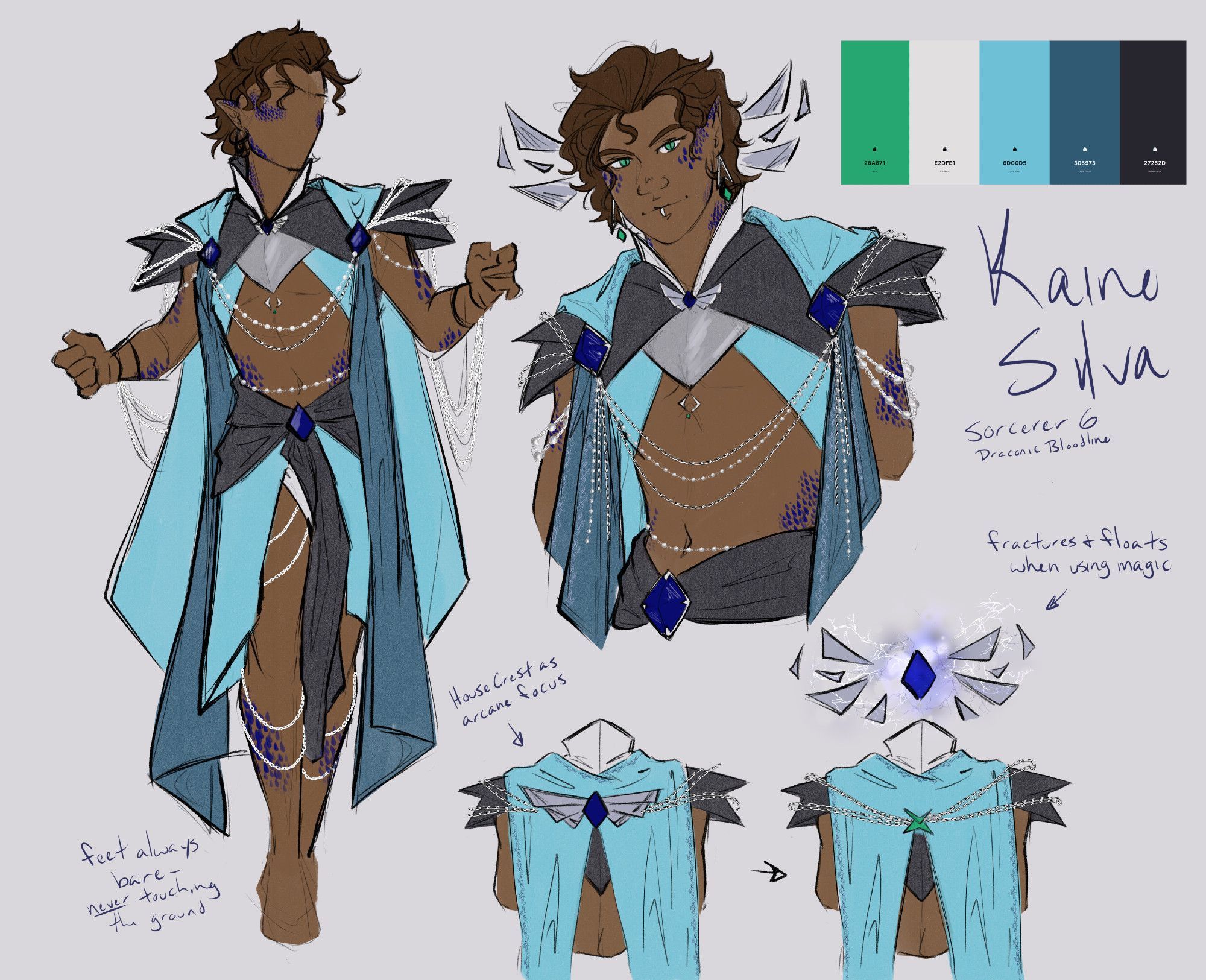 A reference sheet for a character named Kaine Silva. They are depicted in one full body sketch floating slightly with their hands out as if spellcasting, and in one half body illustration smiling slightly. They have brown wavy hair and blue scales, and they wear a lot of blue and silver jewelry. Their color palette is three shades of blue with accents in jade green and white.