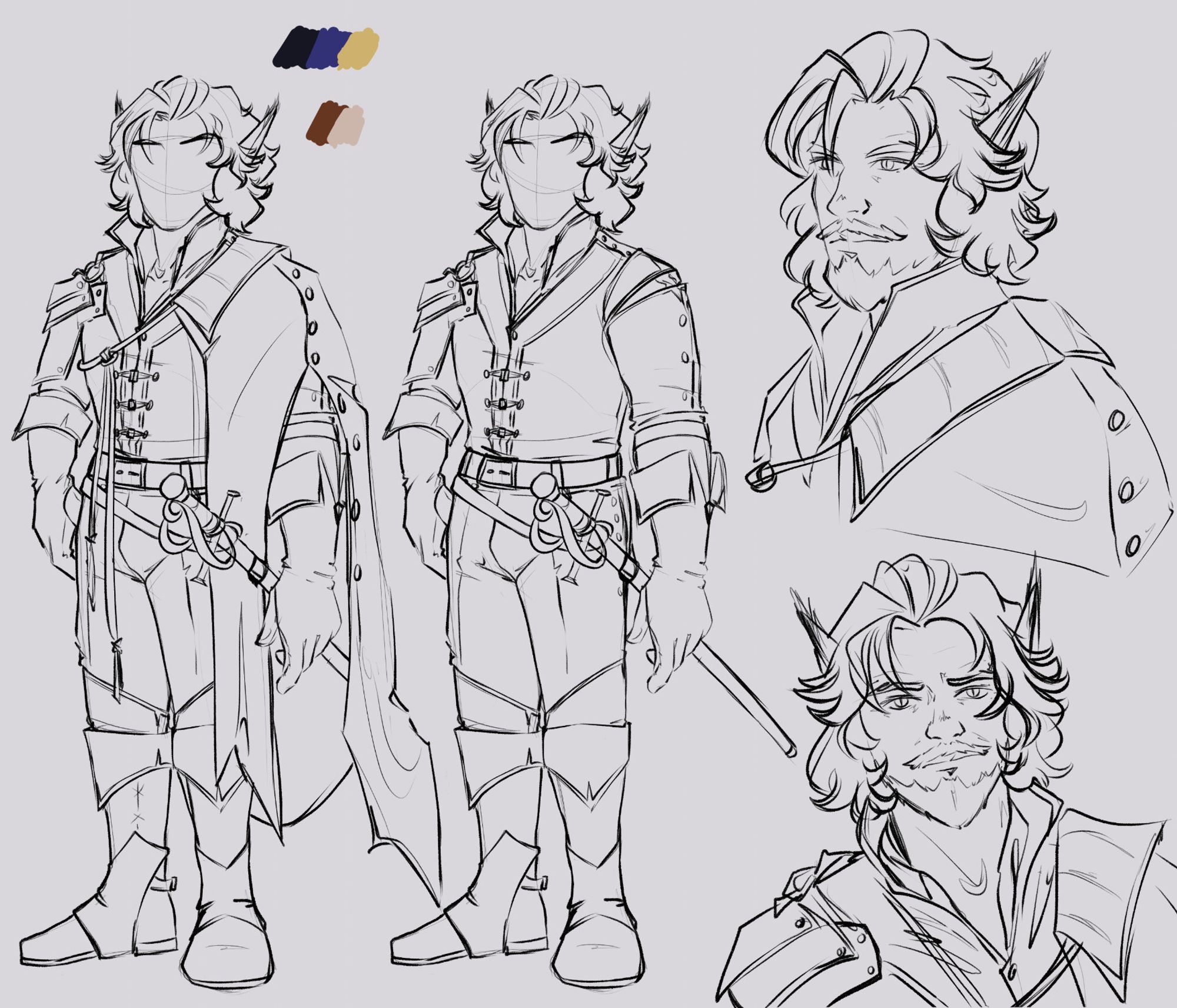 An uncolored reference sheet of an Honor and Intrigue character. He is a middle aged humanoid with long pointed ears. On the left, he is shown in full view, wearing a leather tunic, tall boots, high waisted trousers, and a rapier at his hip. A heavy collared cloak is worn over his left shoulder. On the right, he is shown in two different portraits. He has a neatly trimmed mustache and beard and wears his shoulder length hair loose.