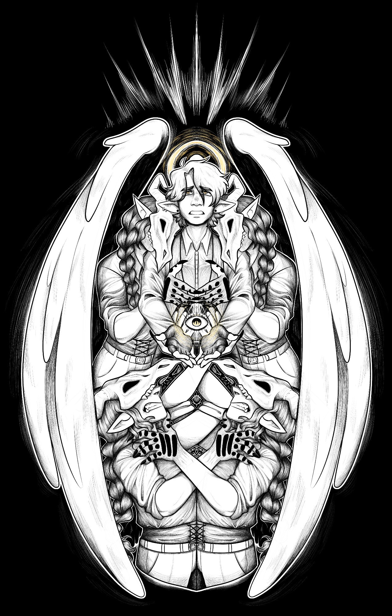 A stark digital ink pieces with 5 figures, 4 of which are of the same character. The central character looks angelic but tortured, wings wrapped around them and the other character, arms outstretched. The image is in large part mirrored but intertwined in various ways, and to be frank I popped off with the cross hatching done by hand this shading is insane bonkers style. Also this was a friendly fire, so I got like 3 points.