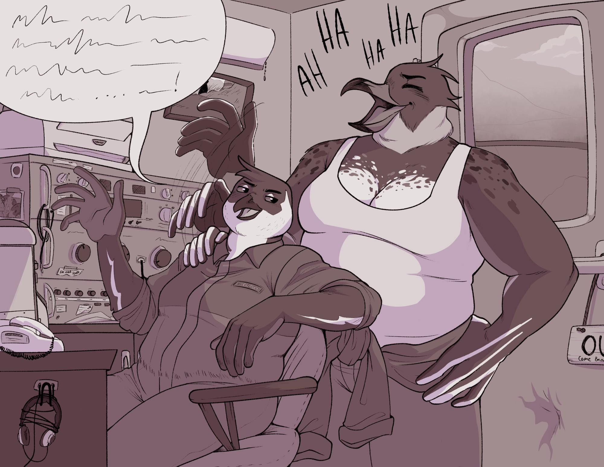 Two bird anthro characters laughing and talking in a cargo ships radio room, in sepia tones!