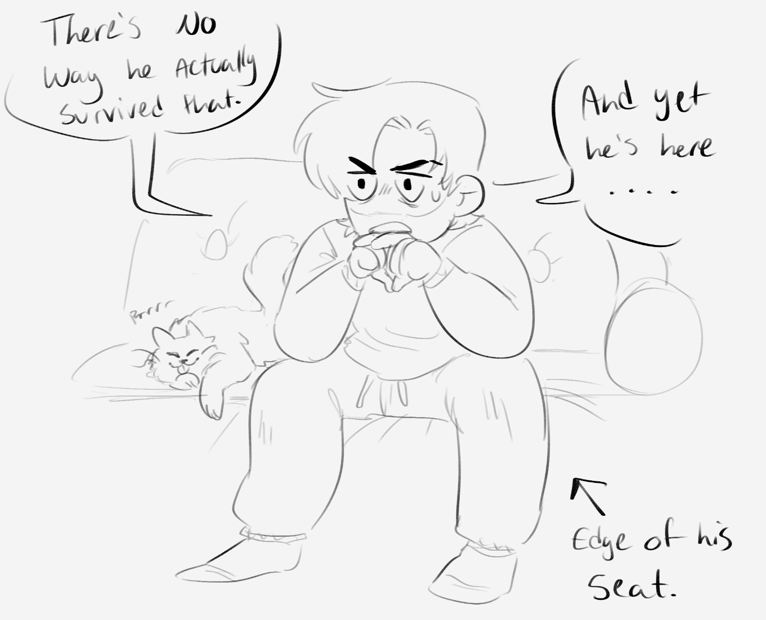 A doodle of my / my wifes oc Ellis sitting on the edge of his seat, speculating about one of his soap operas. He looks completely ENTRANCED by whatever is going on, meanwhile his cat (Ryan) is curled up happily next to him and purring.