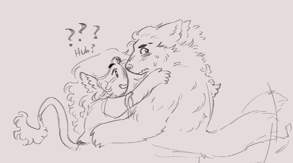 Little doodle of Matteo with his arms around Ellis' neck, very close to his face, looking confused but happy. Ellis is a werewolf and his face is turned away, tail wagging, but he's clearly shy.