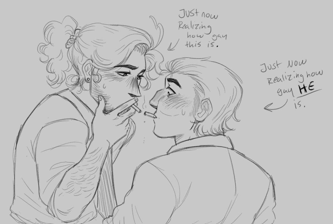 A sketch of my oc Matteo leaning down to light his cigarette off of the (already lit) end of Ellis' cigarette...while it's still in his mouth. The effect is something not-quite a kiss, but definitely still making both of them kinda awkward and gay.