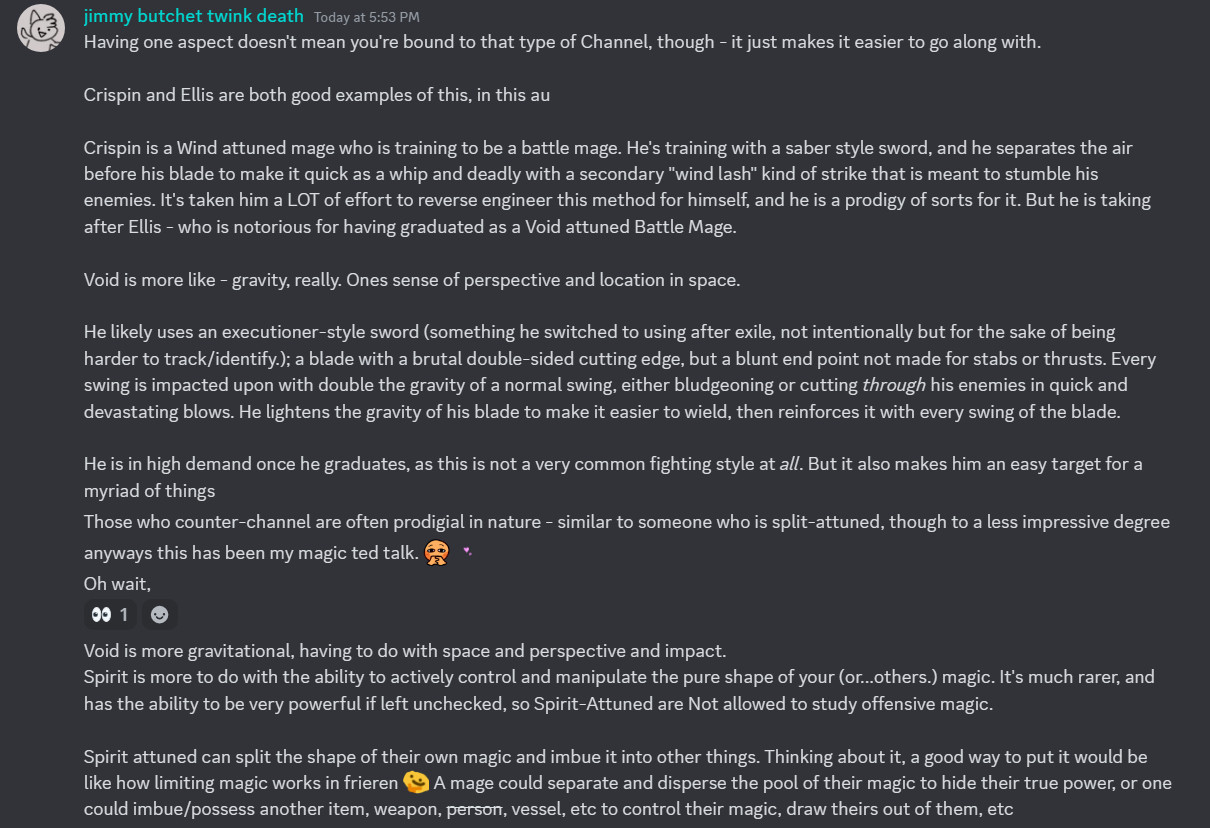 Further elaboration going over how Crispin and Ellis both go against the normal expectation of how mages channel their attuned aspect. Crispin uses wind magic to better fight as a battle mage, a magic that is normally utilized for crafting, mending, or other non-combative magics. Ellis utilizes Void for its gravitational heft - instead of being a shield or defensive mage, he adds impact and gravity to every blow to make it extra devastating.