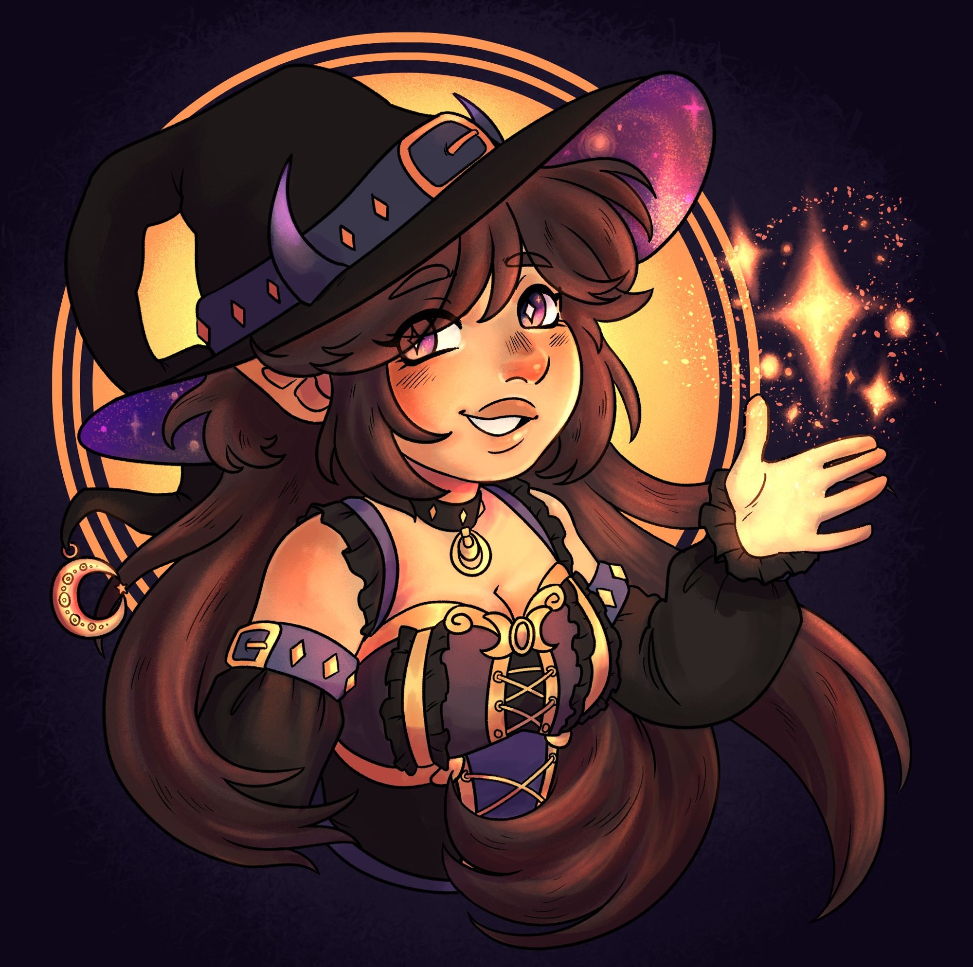 A digital illustration of a very witchy looking character, dressed up for Halloween. They have on a horned witches hat, with a swirling space print on the inside, and a very frilled bodies and corset top, with detached sleeves. They're smiling brightly and holding up a very shiny, bright, glimmering star in one hand.