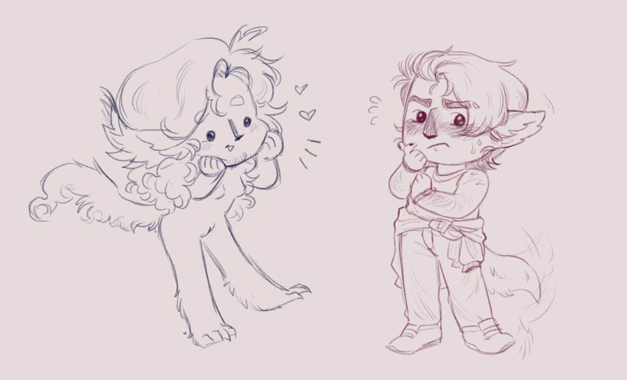 two doodled chibis of Matteo in his monster form and Ellis, dressed up nice because he's nervously waiting for their date. The two sketches aren't connected, but are in a similarly squishy chibi style.