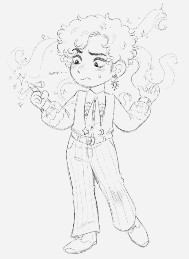 A digital sketch of my oc Crispin struggling to channel ribbons of star-themed magic. He looks frustrated, staring at his finger as he tries to channel sparkles through the ribbons of magic swirling about his head.