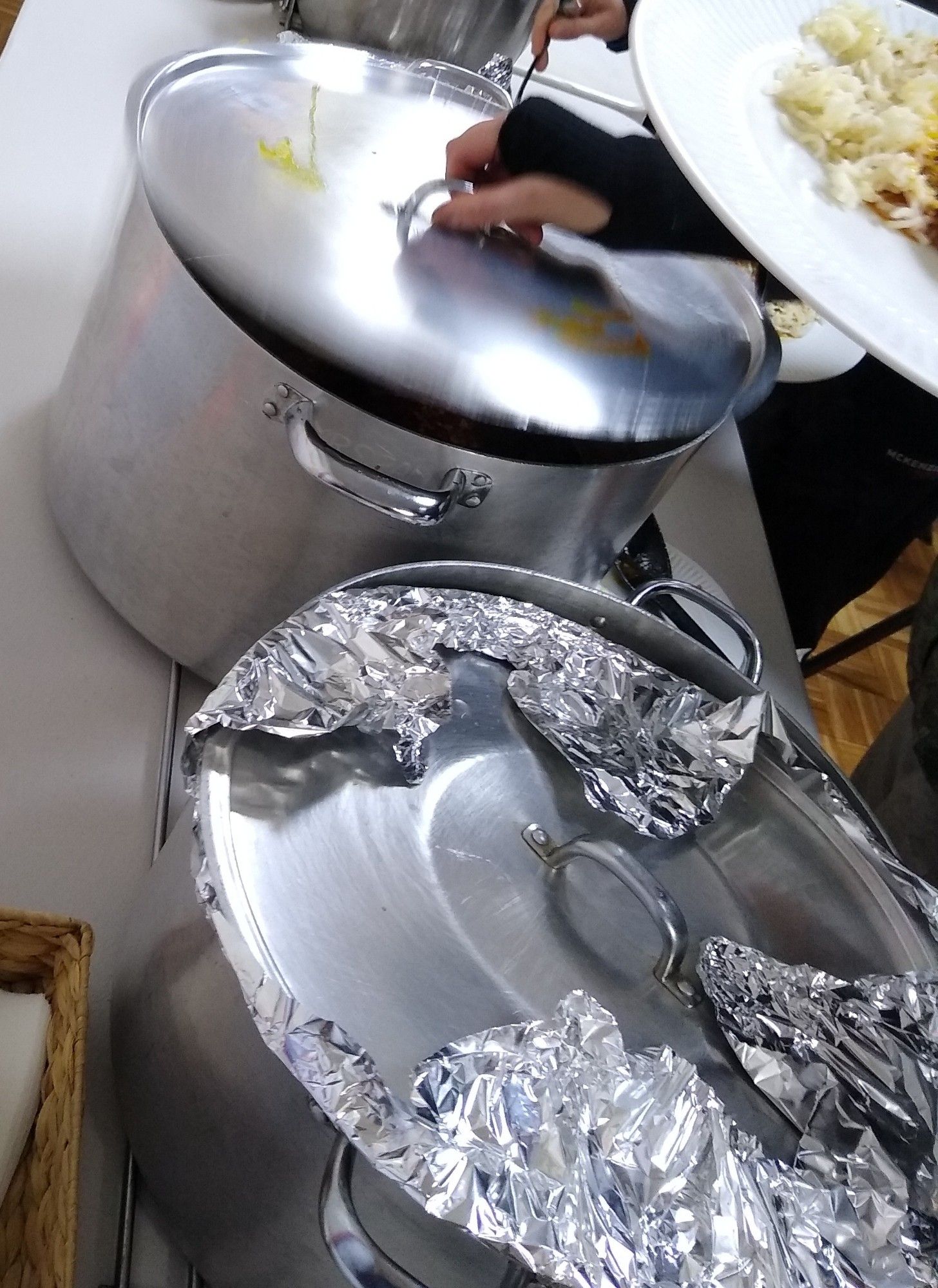 Two massive aluminium pots for chicken curry and rice at lunch today