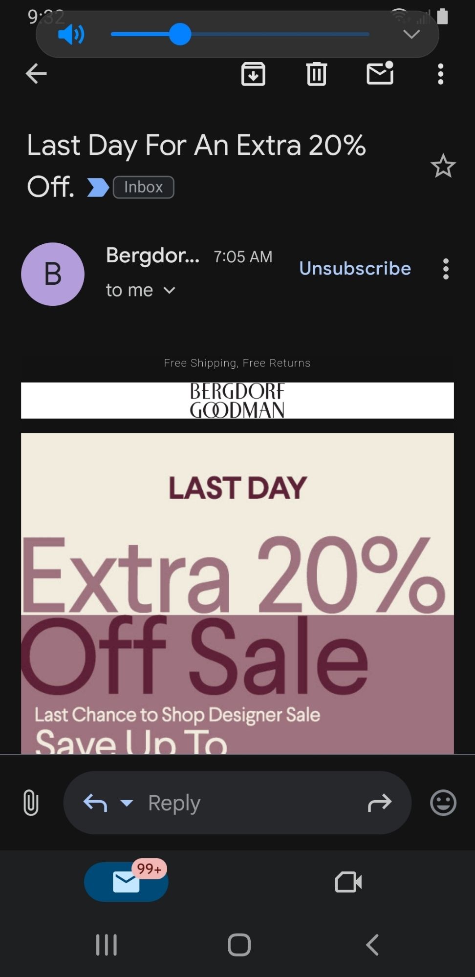 A boring cream and burgundy email from Bergdorf Goodman that says an Extra 20% off sale.