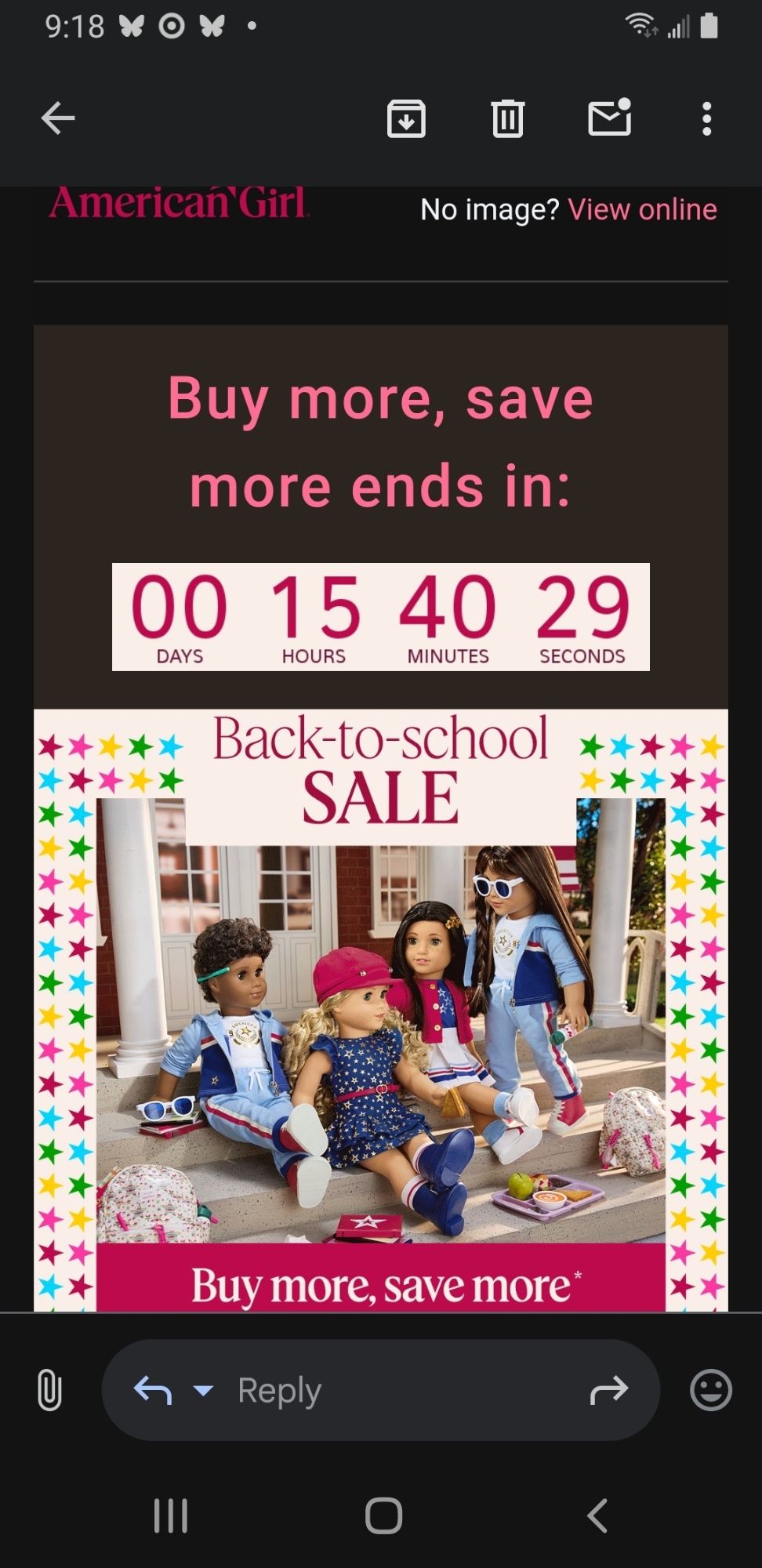 An email from AmericanGirl advertising a Back-to-school sale instead of a Labor Day sale. The image depicts 4 American Girl dolls sitting in front of a schoolhouse.