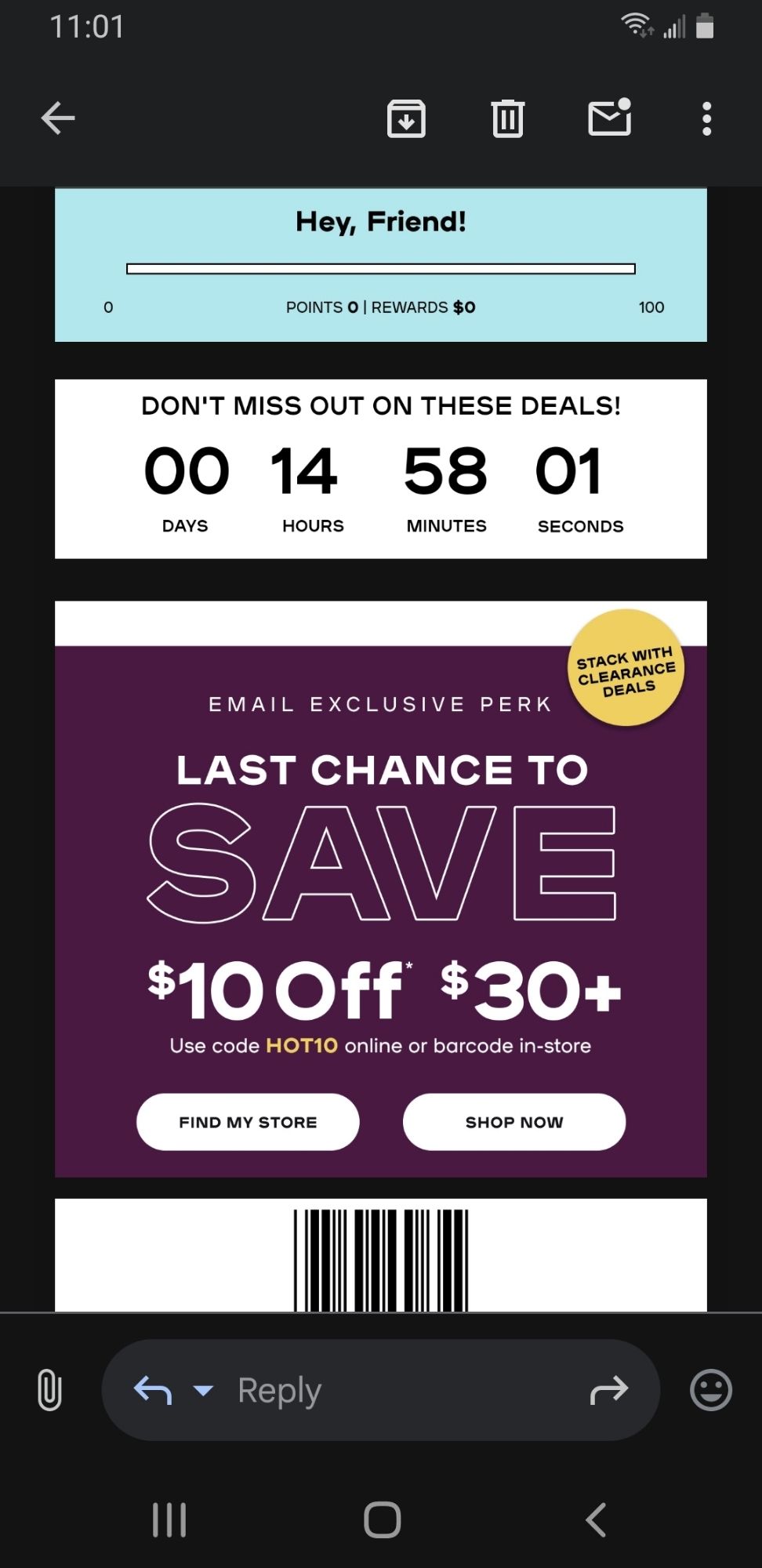 An email from Claire's that says Last Chance to save $10 off $30+