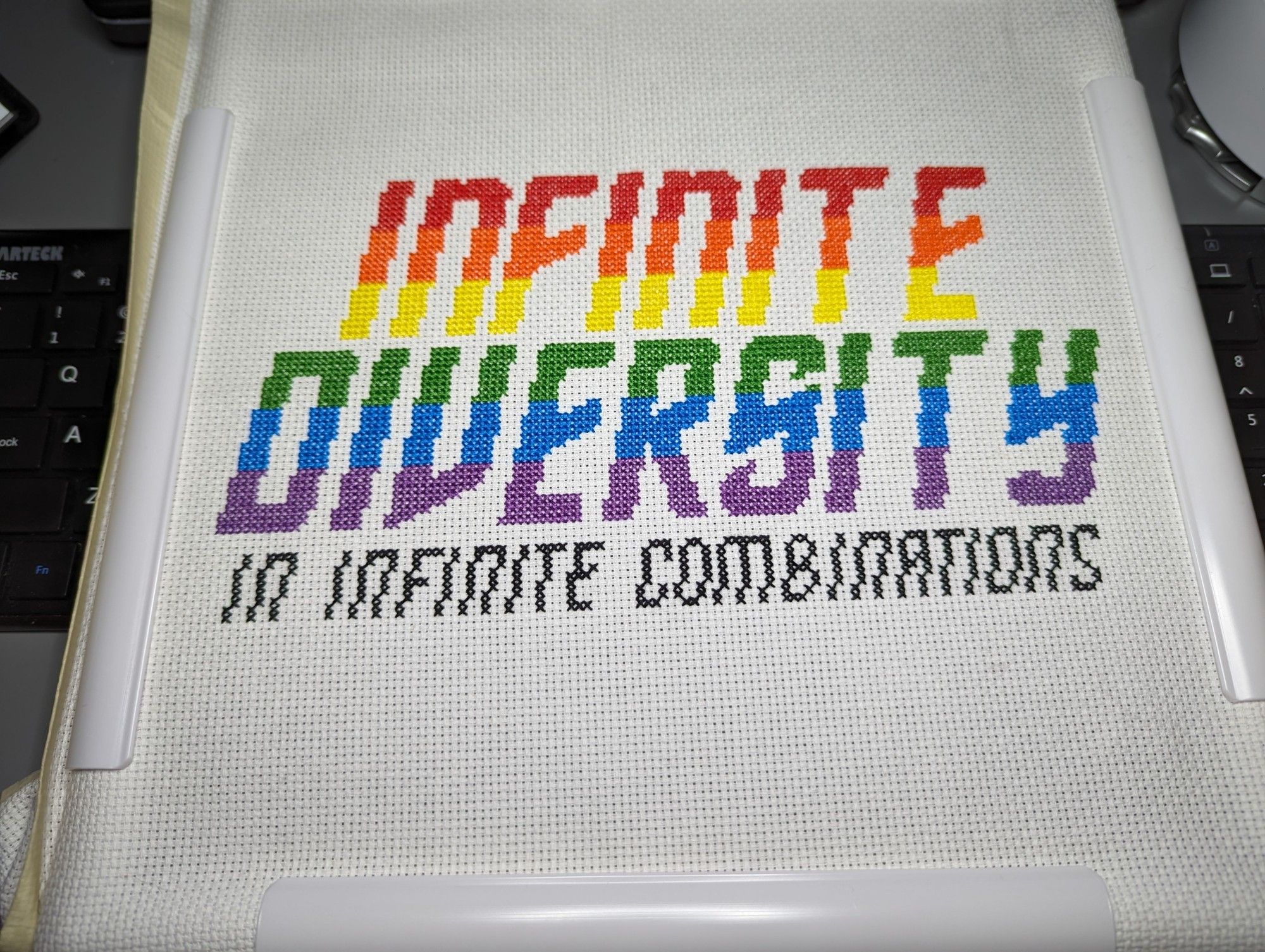 A completed cross stitch project done in rainbow threads on white fabric. The text reads in all caps "INFINITE DIVERSITY IN INFINITE COMBINATIONS"