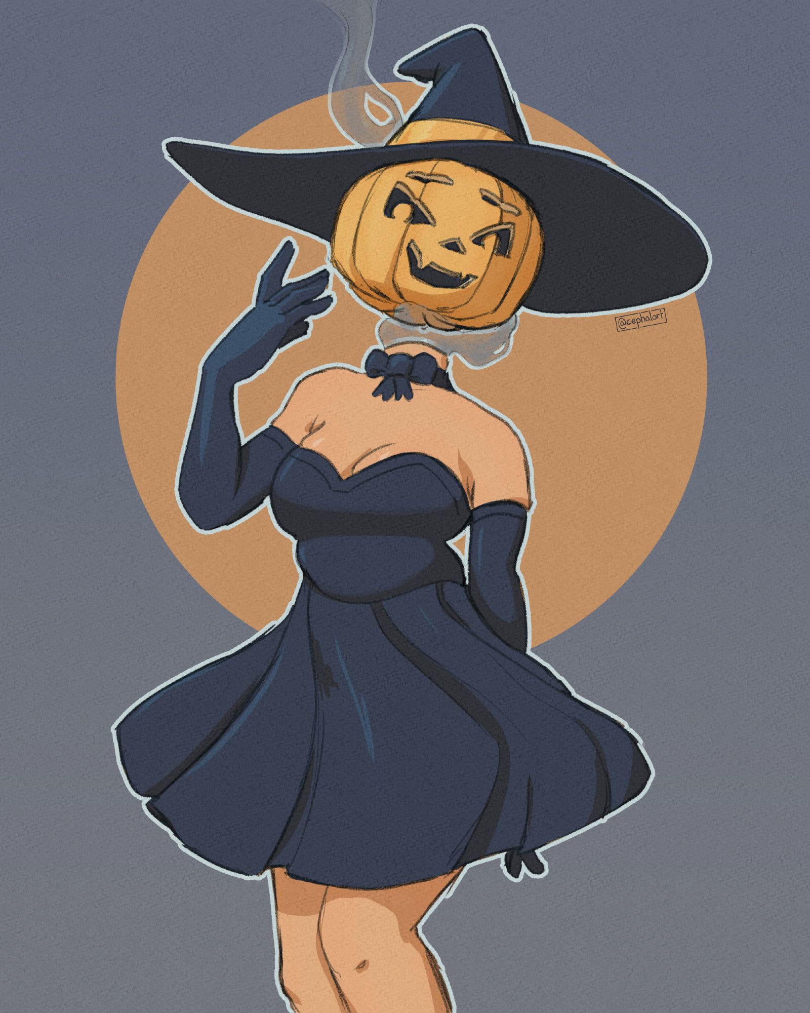 A woman in a one-piece dress with long gloves, a witch's hat, and a carved pumpkin with a coy expression floating where her head should be. Smoke floats from her neck, and she has a little bow worn as a choker .