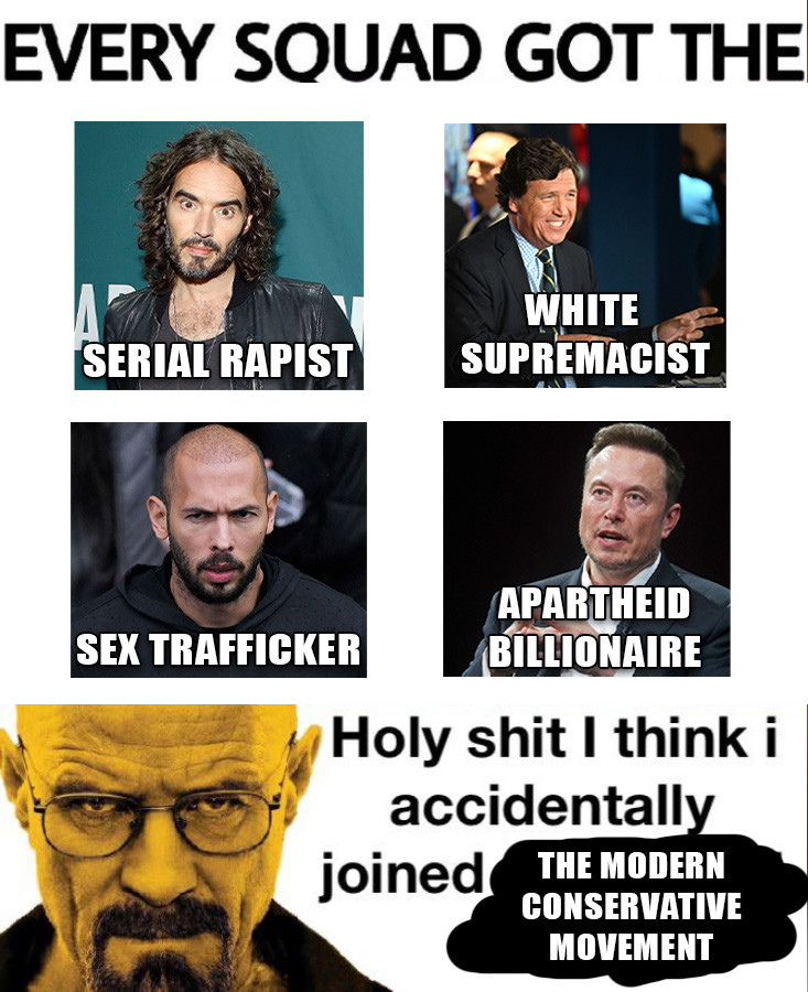 Every squad got the:

Top left picture shows Russell Brand with the caption "serial rapist"

Top right picture shows Tucker Carlson with the caption "white supremacist"

Bottom left picture shows Andre Tate with the caption "sex trafficker"

And Bottom right picture shows Elon Musk with the caption "Apartheid billionaire"

At the bottom, there is a promotional photo of Walter White tinted yellow, with the text next to him reading "Holy shit I think I accidentally joined the modern conservative movement."