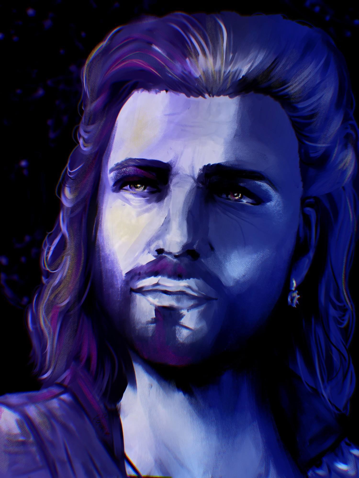 Blue and purple toned fanart of the character Gale Dekarios from Baldur's Gate