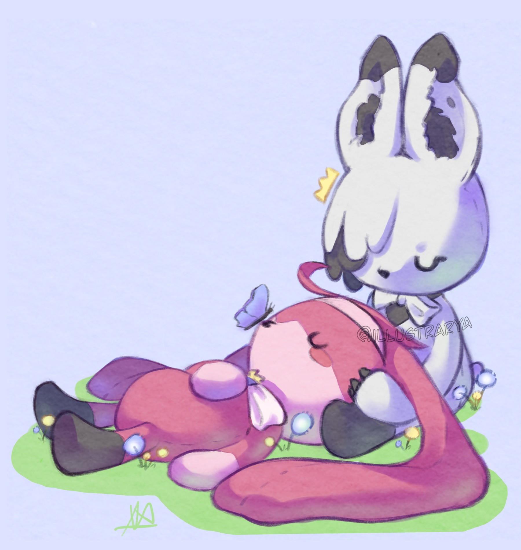 Bunny plushies of Arlecchino and Clervie. Bunny Clervie is laying asleep on bunny Arlecchino's lap with a butterfly on her nose, Arlecchino is hugging her friend looking asleep as well with a little stylized crown on the side of her head.