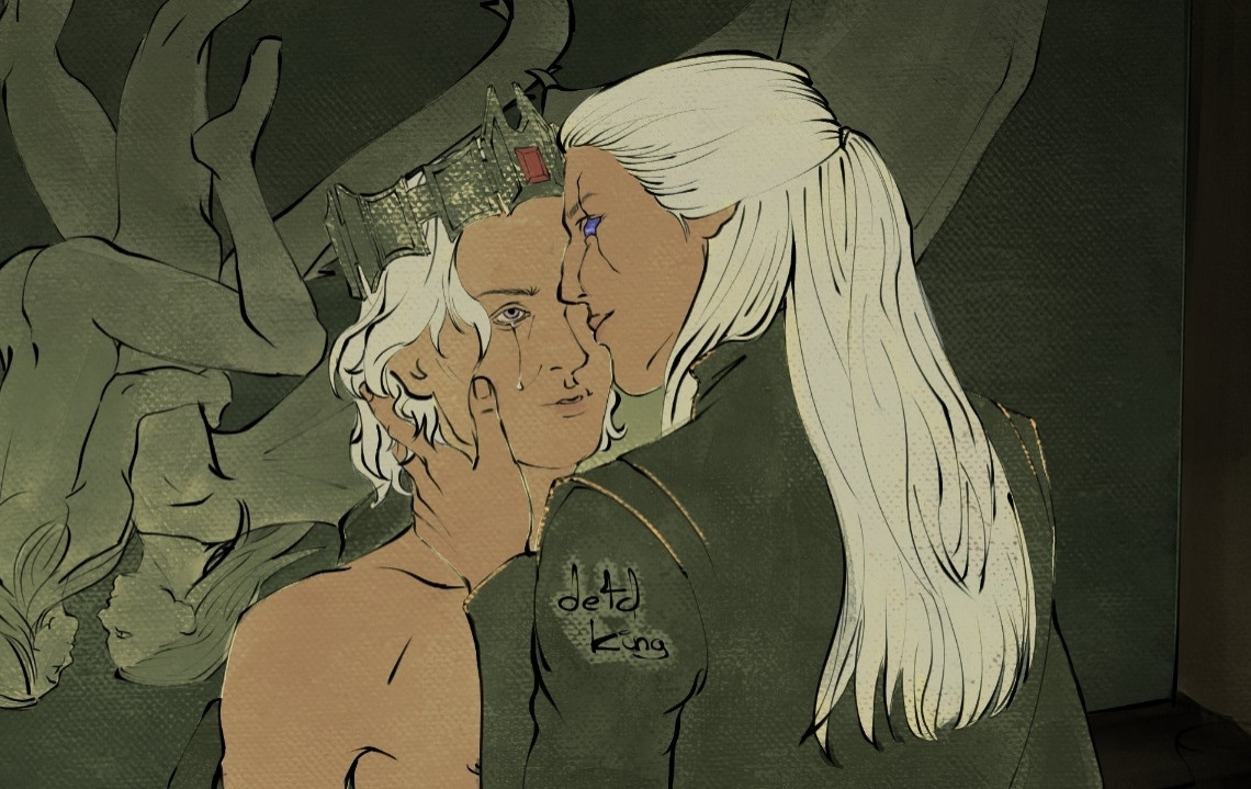 English: Cropped preview of an unfinished house of the dragon aegond ship fanart featuring Aegon II shirtless, wearing the conqueror's crown while one tear runs down his cheek + Aemond craddling his face, fingers tangled in Aegon's hair, only the scar and sapphire side of his face is shown. They stand close together in front of a targaryen typical tapestry with two embraced lovers, one features wings instead of arms. Aegon's tear and Aemond scar are parallels of each other.