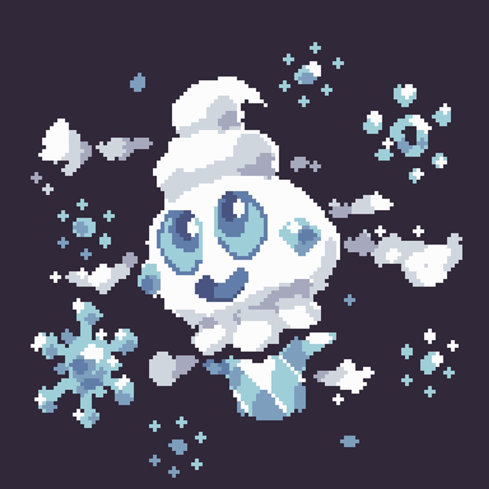 A sketch of Vanillite from Pokemon, surrounded by snowflakes and condensation.