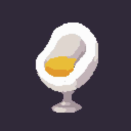 An egg shaped white chair on a stand with a yellow cushion resembling a yolk.