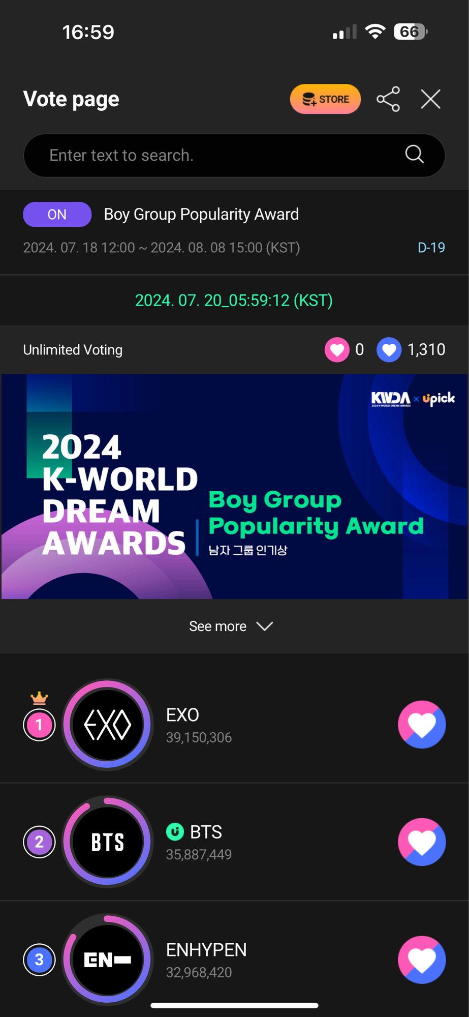 Voting results for KWDA. EXO in the lead, BTS second place, Enhypen third.