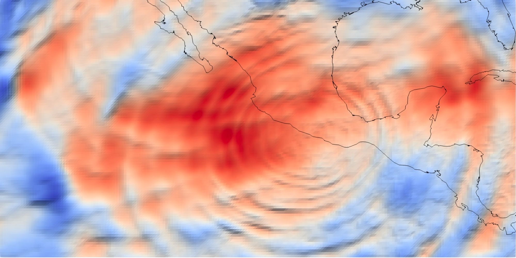 Plot of Geopotential Height at 0.01 hPa for 12 UTC 25 Oct, from the GFS 12-hour forecast from 0 UTC. Shown in a domain near hurricane Otis, and exhibiting radiating waves.