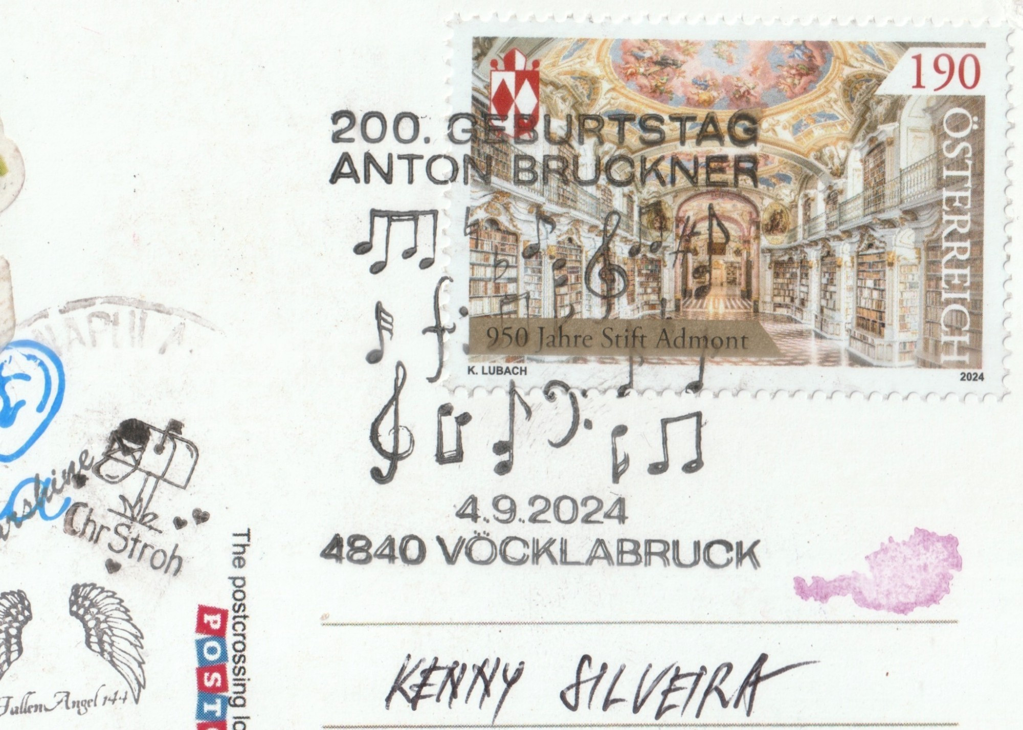 Austrian stamp showcasing 950 years of the Admont Benedictine Abbey with a special cancellation from Vocklabruck remembering Austrian composer and pianist Anton Bruckner released on his birthday, the 9th of September.