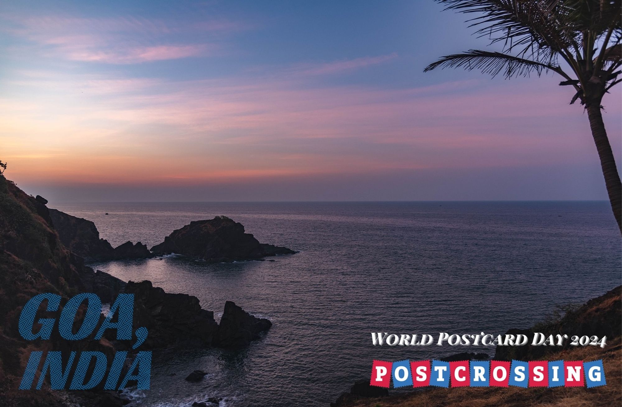 Our WPD meet-up postcard design showcasing a beautiful sunset over the sea at a beach in Goa.