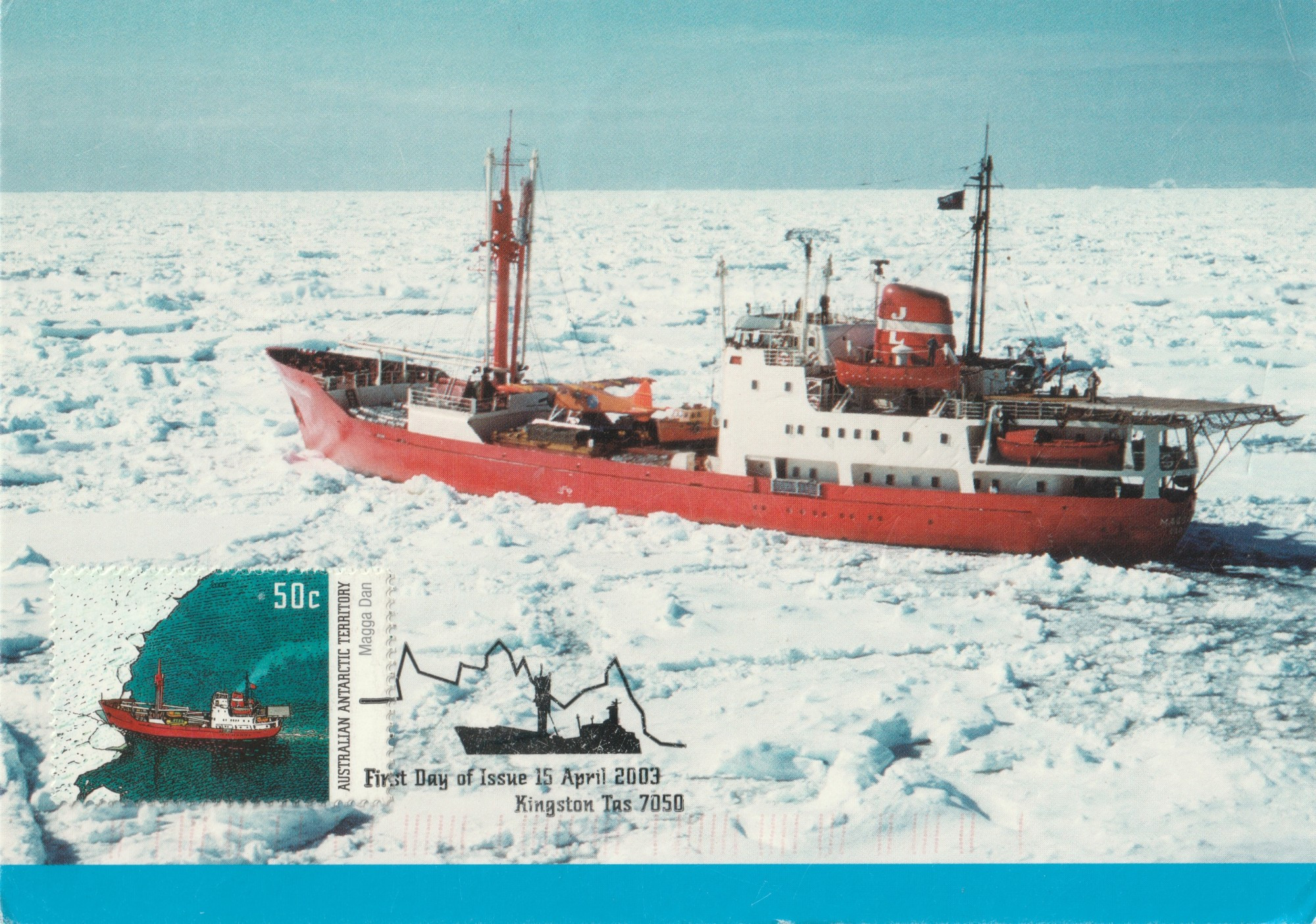 Maxim Card with a first day of issue (April 15 2003 Kingston Tasmania 7050) cancellation of the ice breaker ship Magga Dan slowly breaking through the ice. 
The card was released by Australia showcasing Australian Antarctic Territory.