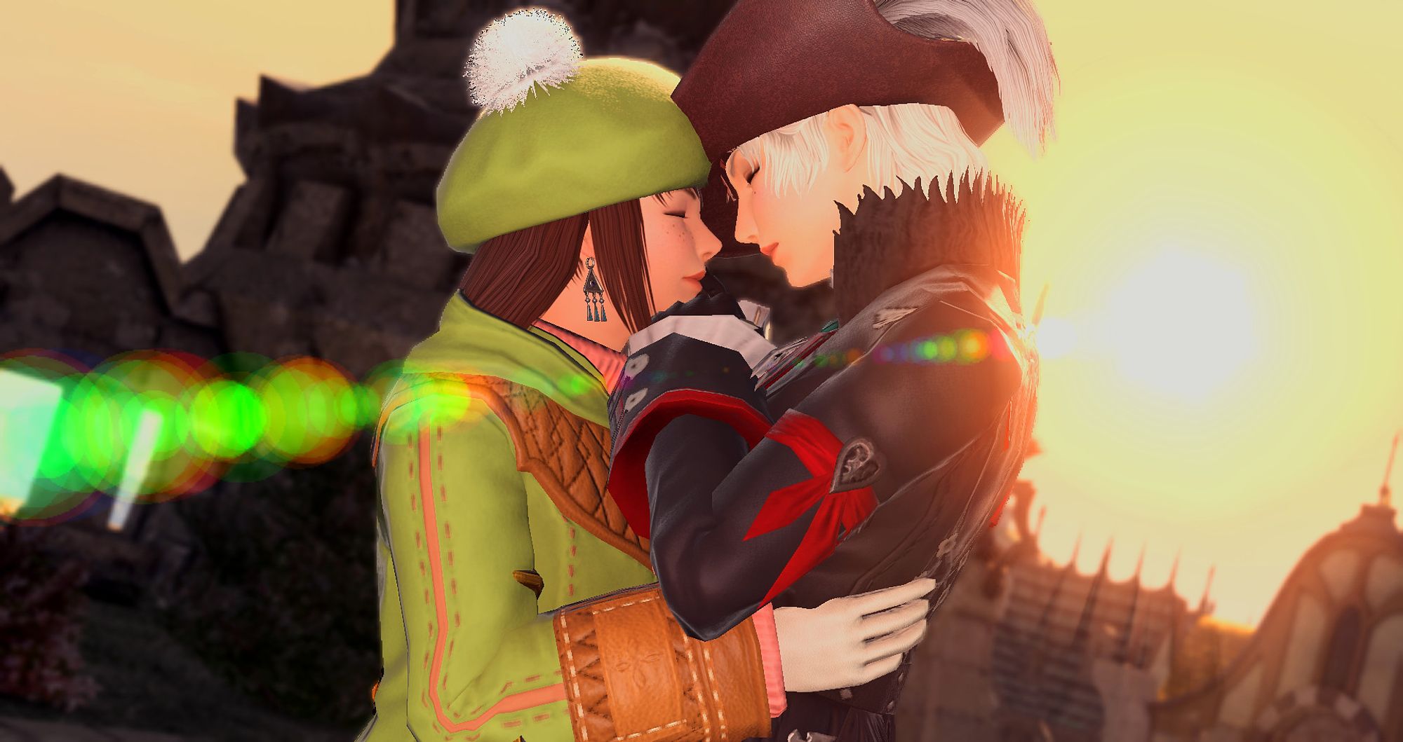 Two people embrace against a sunset in Ishgard; one is warming the other's hand between them.