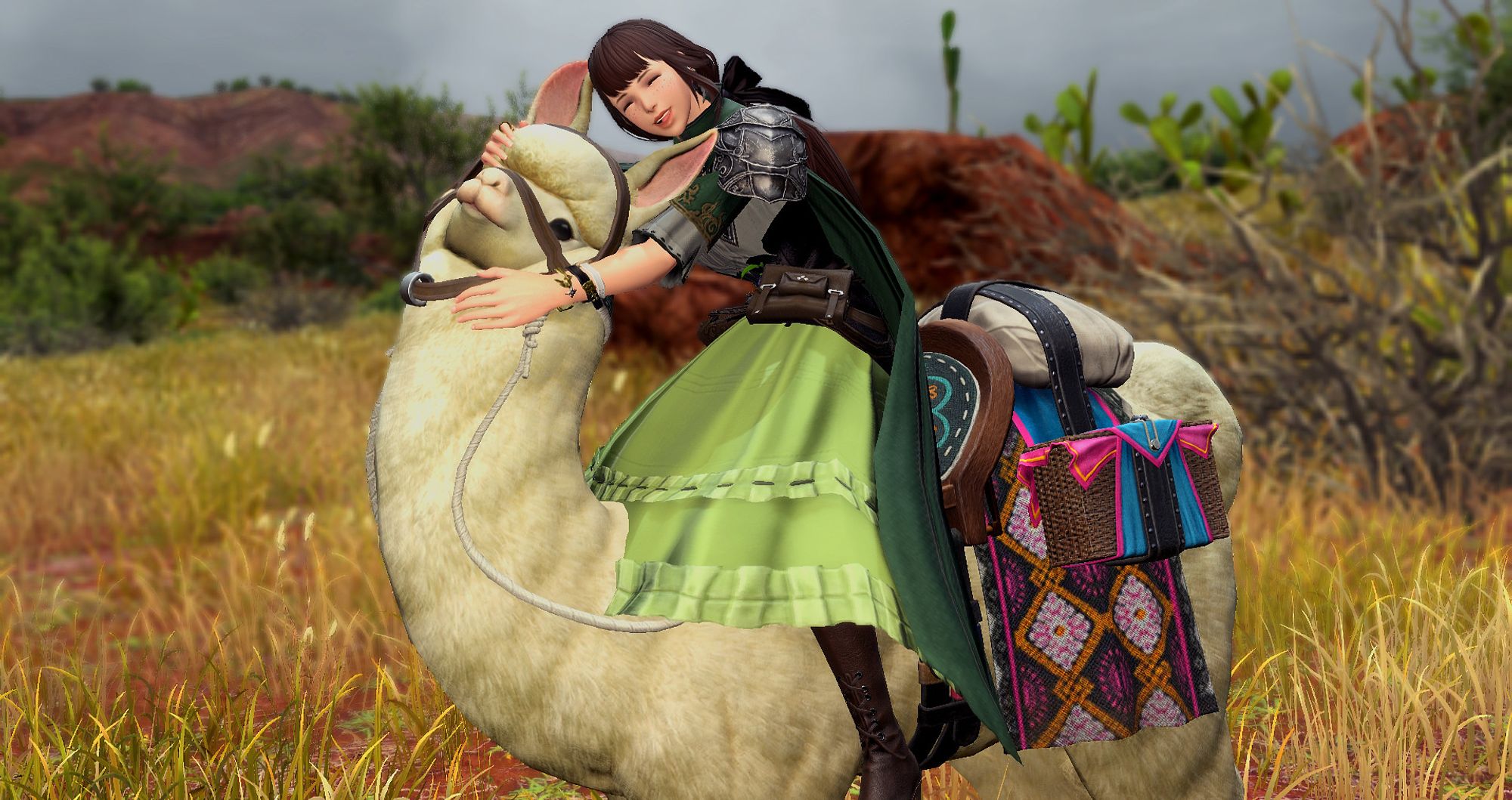 A cute girl with brown hair and freckles in a green adventuring outfit sits on top of a very fluffy alpaca. She's leaning forward to give it head scritchies. The alpaca is going :3