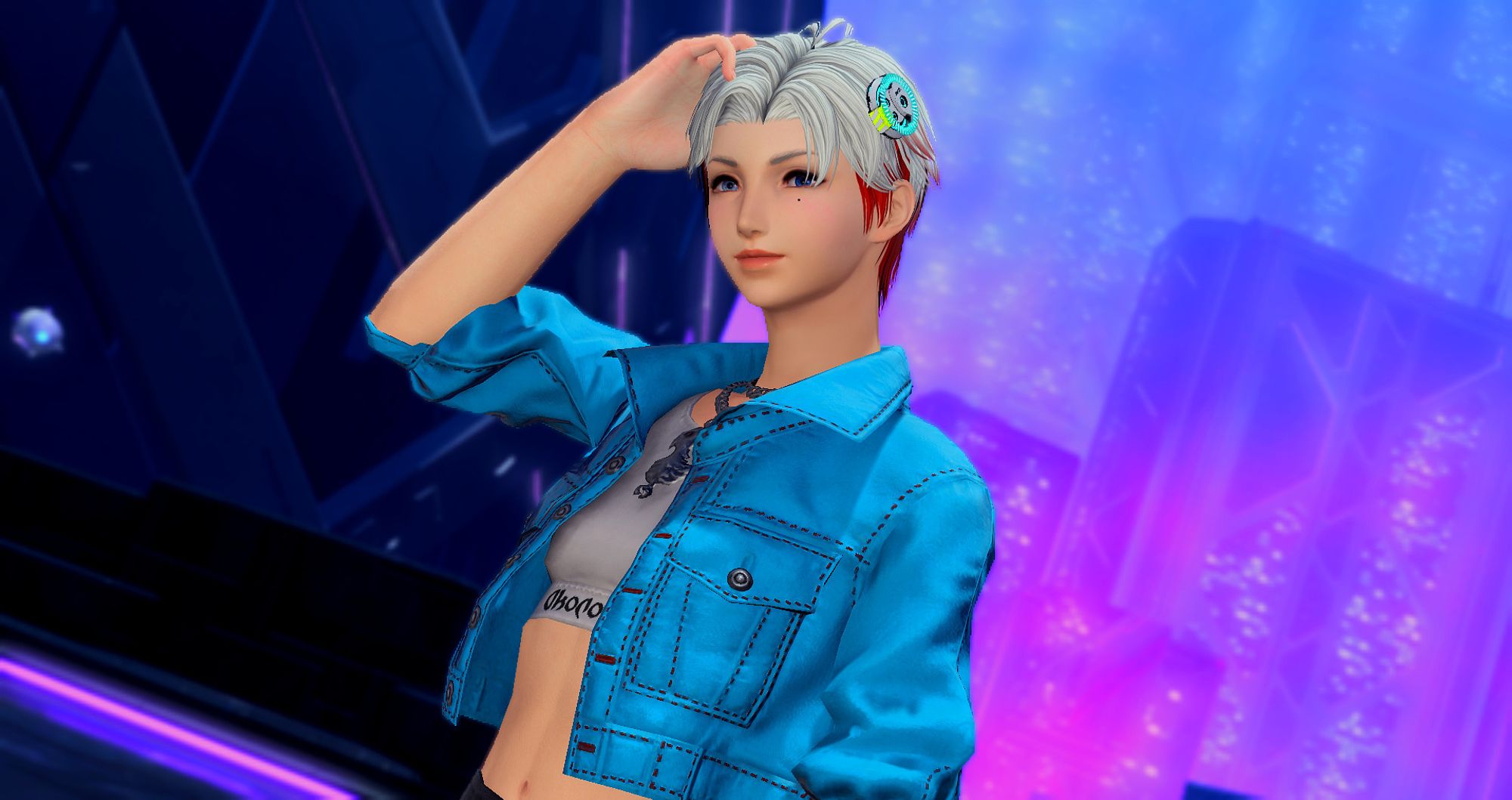 A character standing in solution 9 looking at the camera with a small smile. They're quite androgynous and is dressed in a crop top with a turqoise jacket on top, exposing their midriff. They're pale, have eyes with heterochromia in two different tones of blue, a mole under their left eye, and white hair in an undercut where the lower half has been dyed bright red.