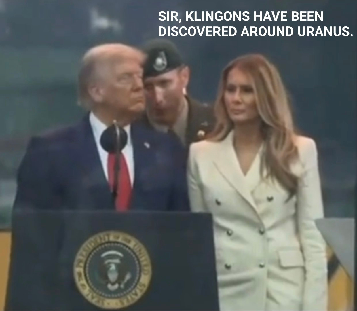 An army officer notifies Lord Galaxon, "Klingons have been discovered around Uranus."