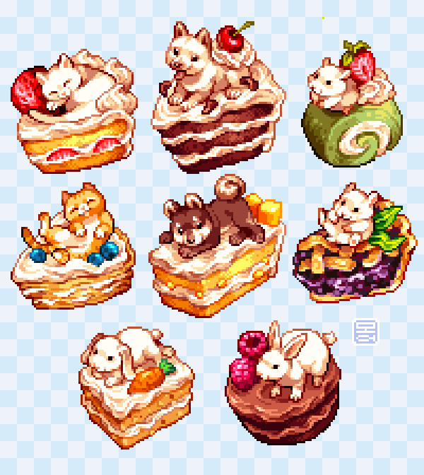 a pixel art compilation of various cats, dogs, hamsters, and rabbits on different types of pastries. Lots of fluffy cream decorates various cakes and pies.  Bright fruits adorn some of the cakes