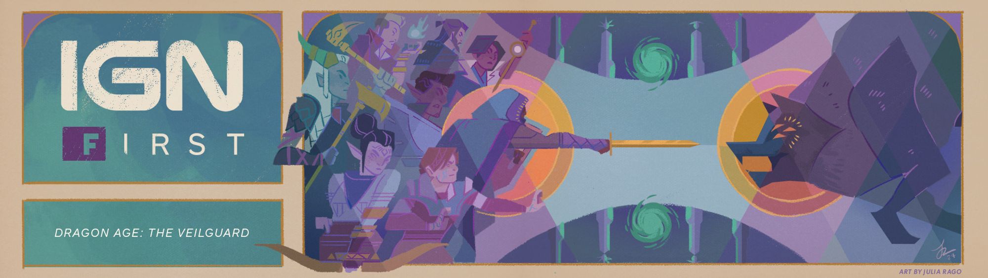 An illustrated banner for IGN's coverage of Dragon Age: The Veilguard featuring rook and their companions on the left, juxtaposed to the Dread Wolf charging from the right. It's epic and looks like a mural.