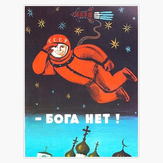 1960s Soviet poster featuring a cartoon cosmonaut in space above several places of worship, uttering "бога нет" (there is no god).