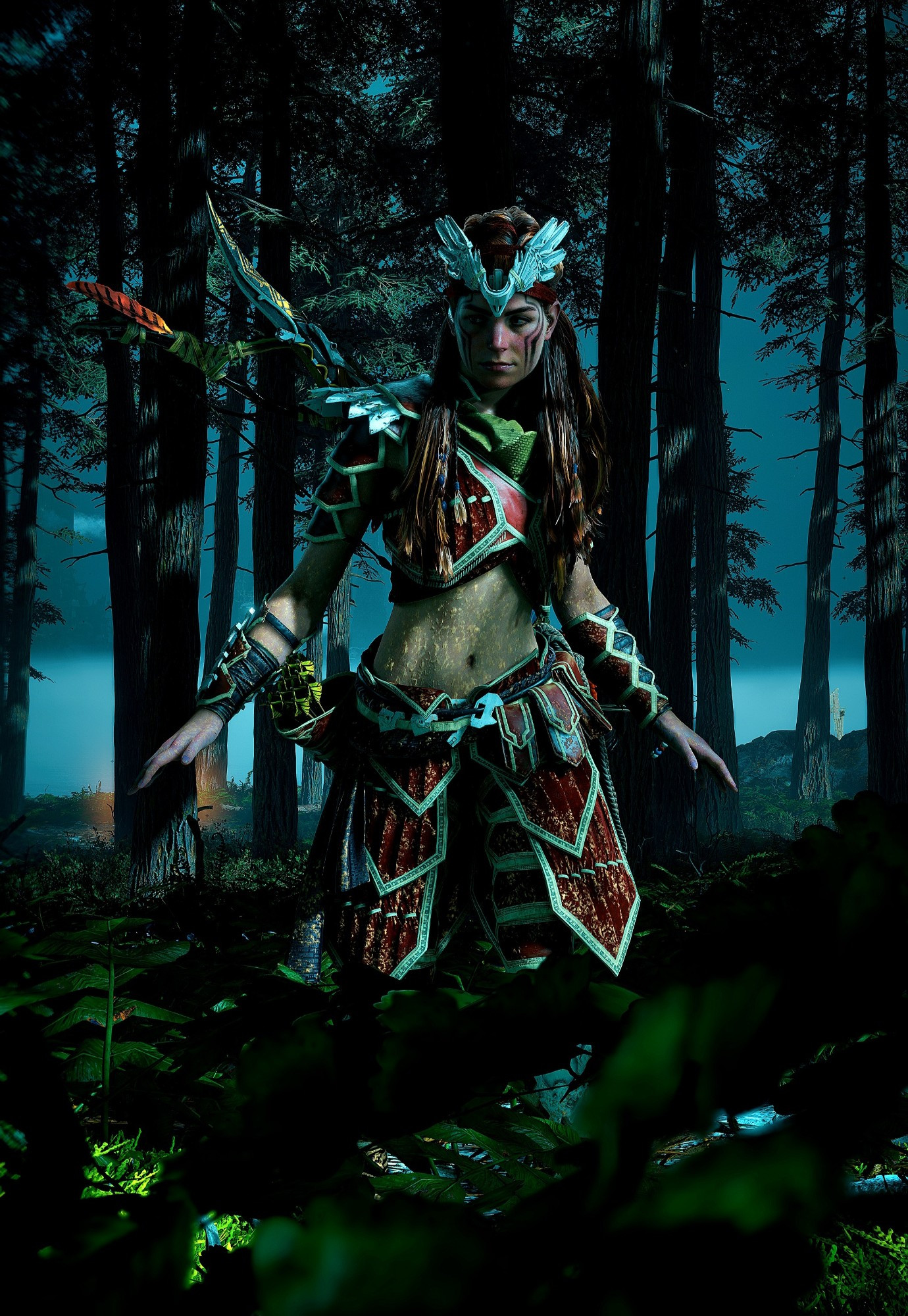 Aloy, the heroine from the game "Horizon Forbidden West", tries to walk carefully through the forest and not step on a branch.