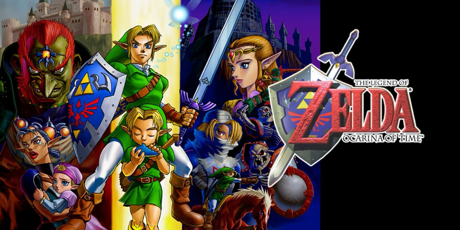 Promo art for Legend of Zelda: Ocarina of Time. A triptych of characters is shown. Left is Ganondorf, Impa, and young Zelda. Right is adult Zelda, Sheik, and a Stalfos. In the center is Navi, adult Link, and young Link.