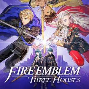 Promo art for Fire Emblem Three Houses. The house leaders Dimitri, Claude, and Edelgard fil the top of the image, with both versions of Byleth behind the title.