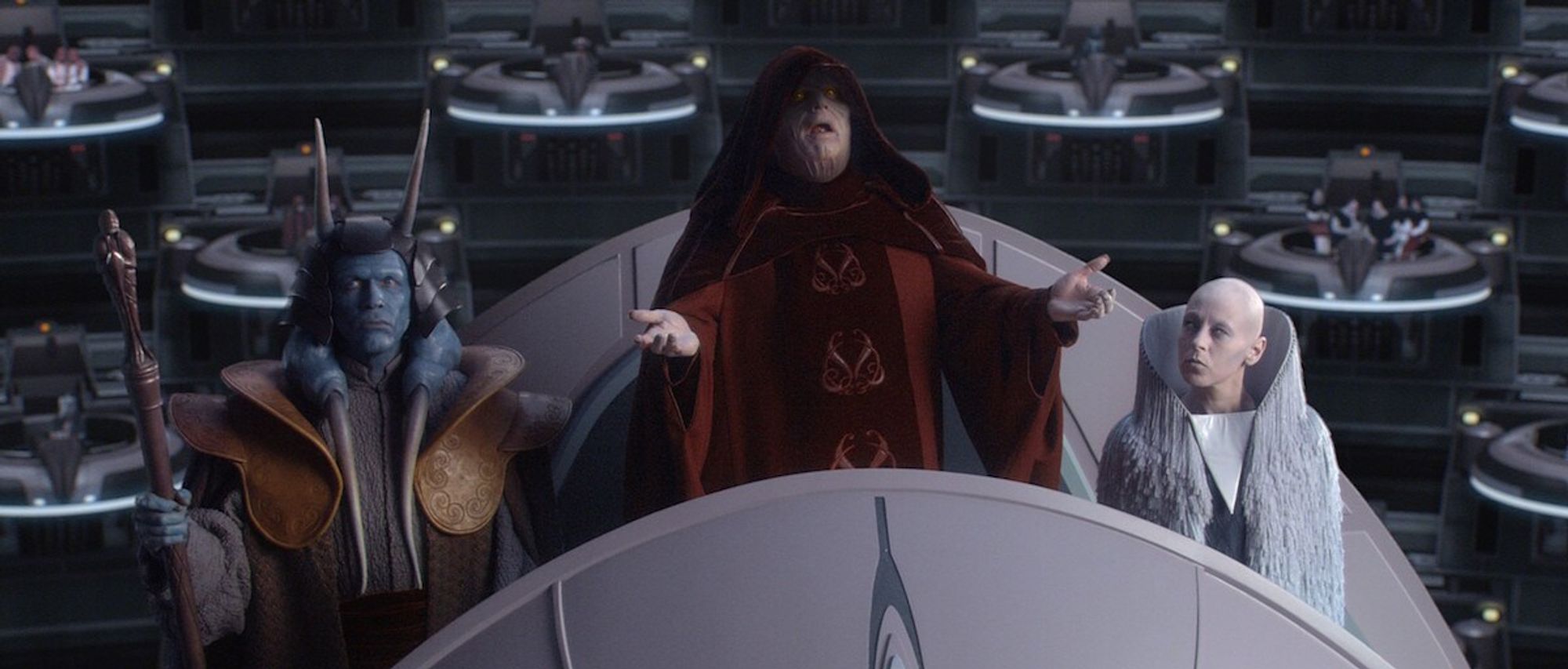 Star Wars: Episode III – Revenge of the Sith (2006). Palpatine proclaims himself emperor in the Galactic Senate.