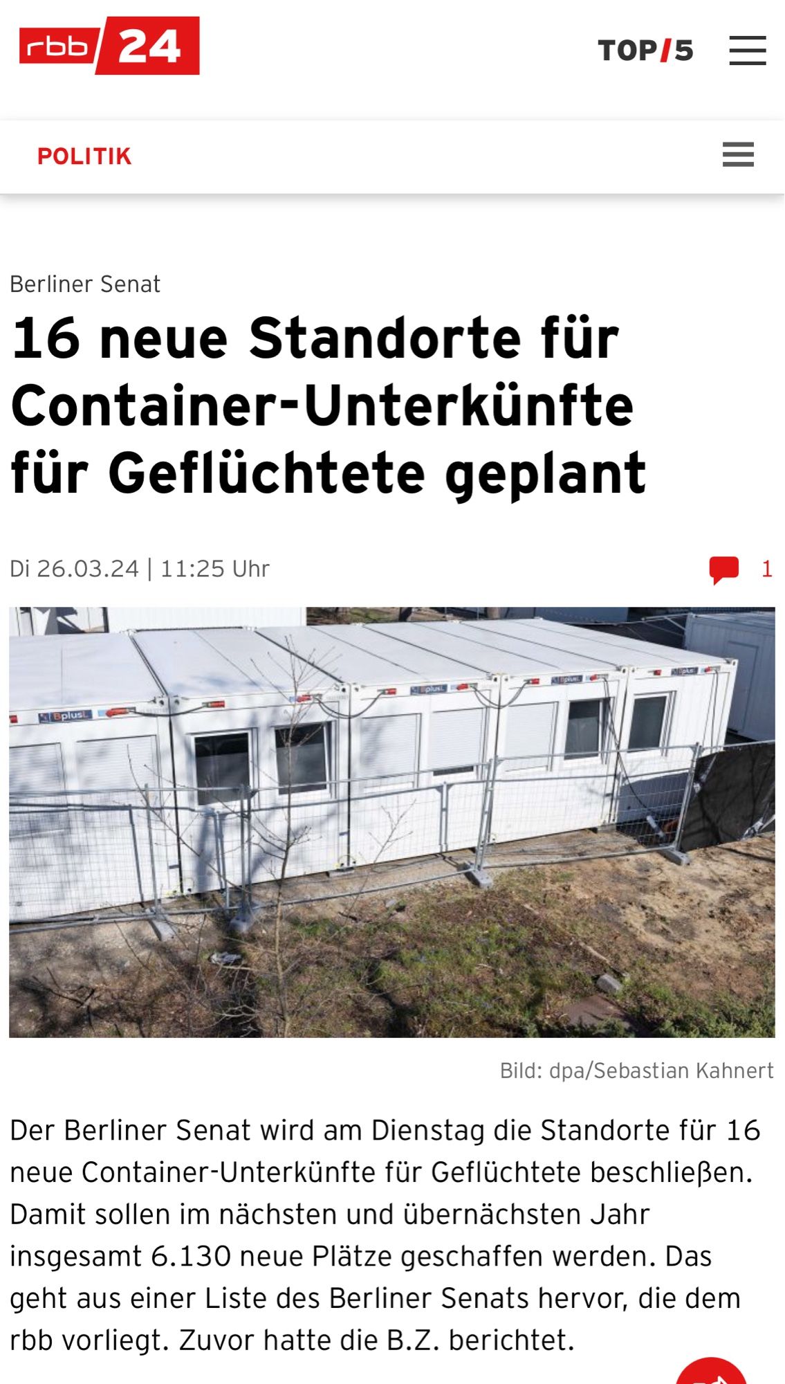 Ein Artikel des rbb mit dem Titel: 16 neue Standorte für Container-Unterkünfte für Geflüchtete geplant.