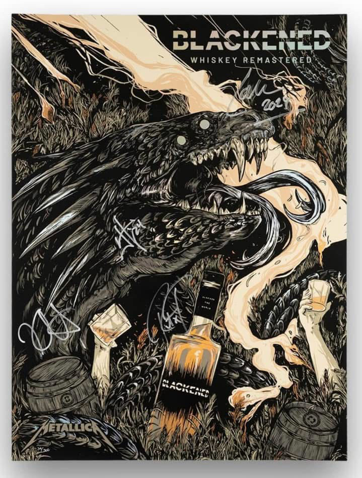 Signed Blackened whiskey poster. A snake/dragon creature with arms reaching out of the grass with glasses 