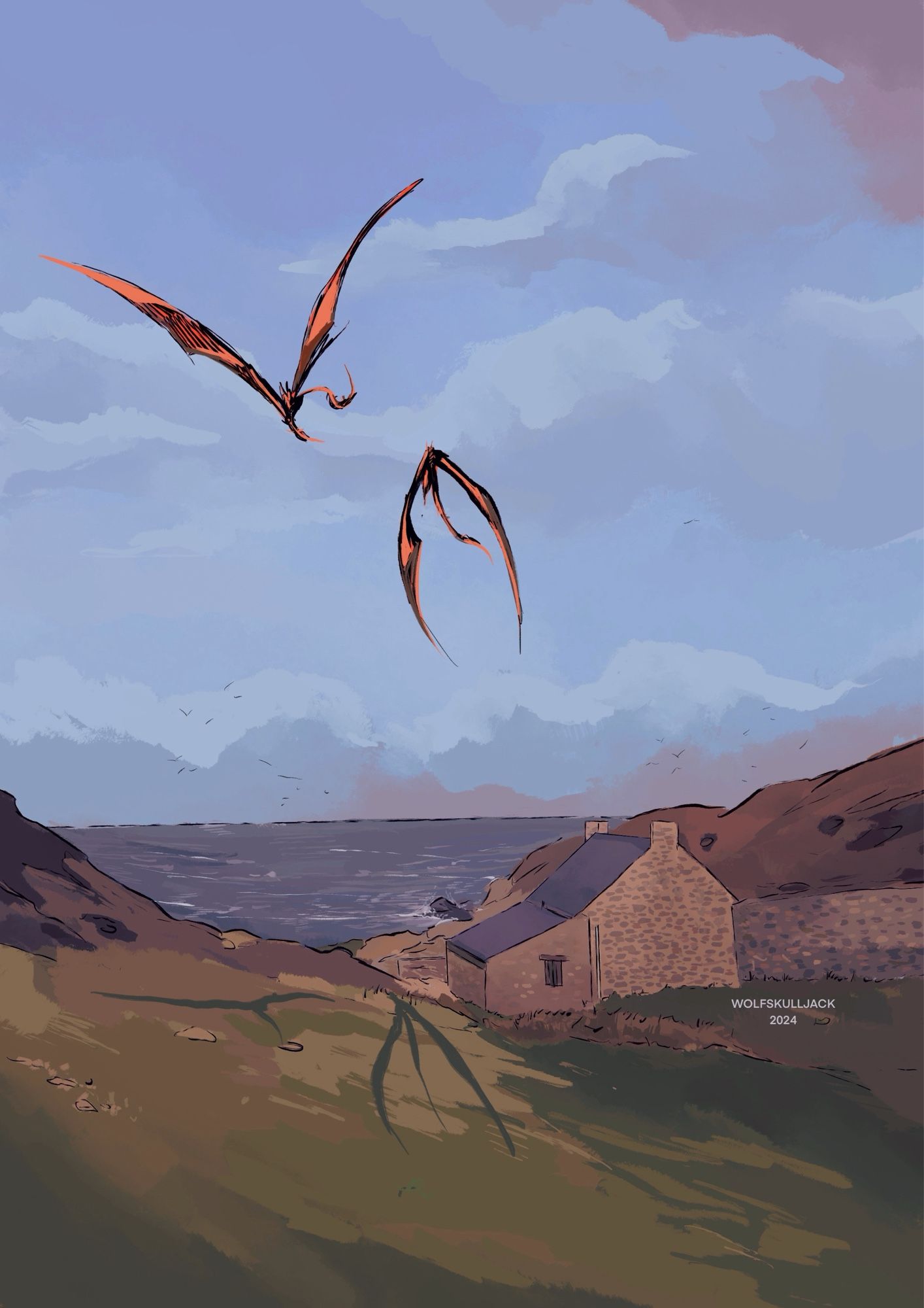 Two dragons fly over a house by the sea. Digital drawing