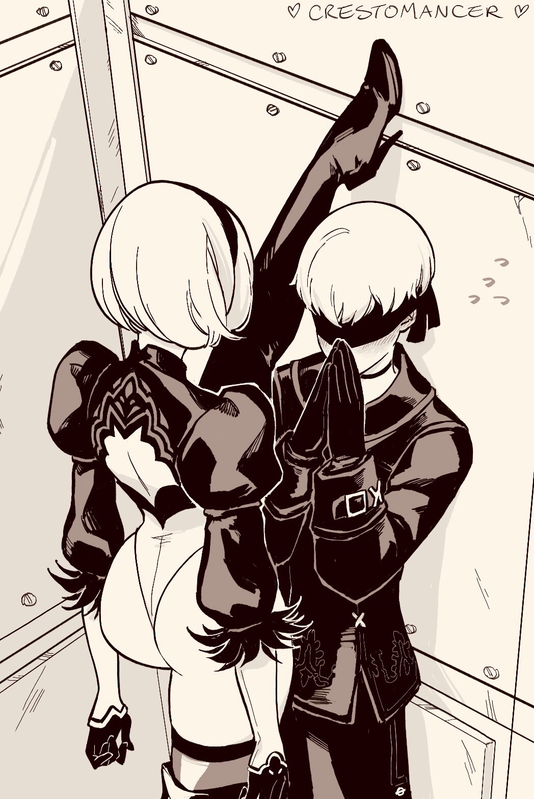 2B corners 9S in one of the industrial elevators, raising her leg above the wall beside his head. 9S is overwhelmed and flustered