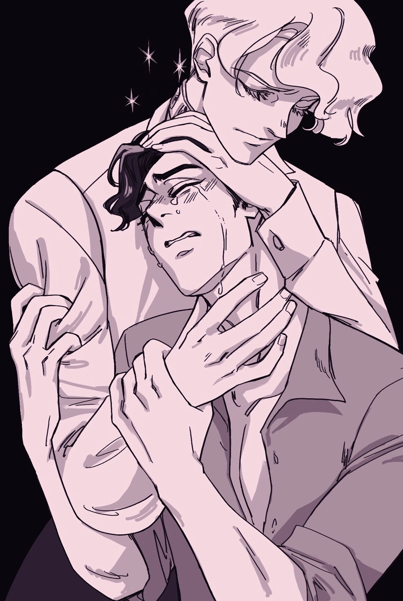 monochrome drawing. James cradles Will’s head as the dark-haired boy sobs into him. Desperately clutching at James’ shirt, he holds the blonde’s hand up to his own neck in sorrow. He wishes things were different, he wishes he could be the one to shoulder the other boy’s suffering instead. James’ expression is serious, a hint of sparkle peeks out around his neck.